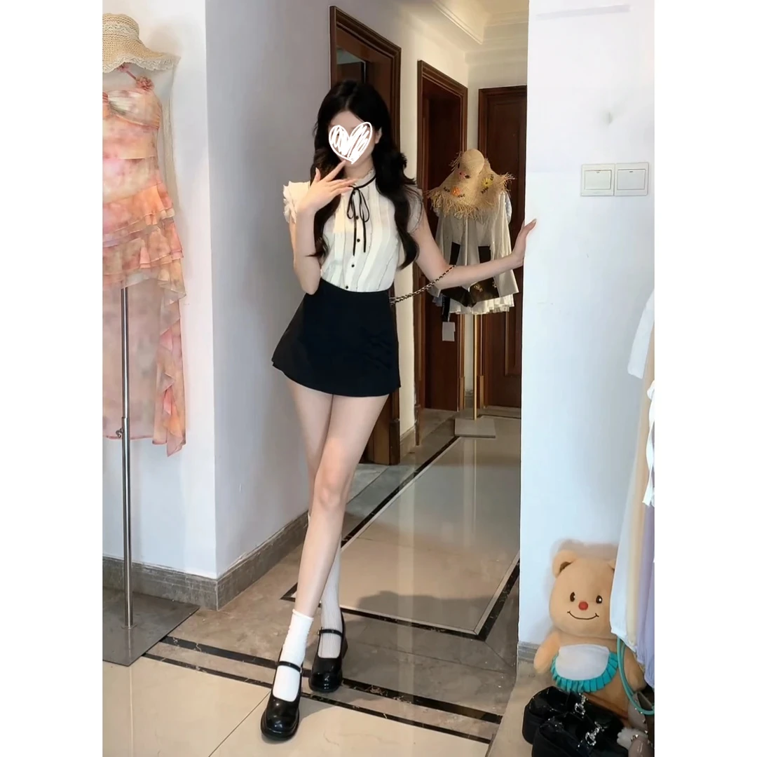 甜美木耳花边立领衬衫女短袖设计感系带蝴蝶结飞飞袖上衣套装1490