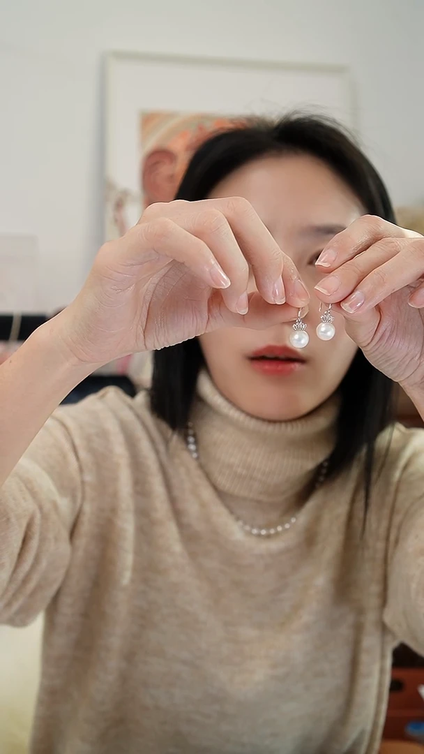 银S925镶嵌耳饰淡水珍珠540  8.5-9mm皇冠