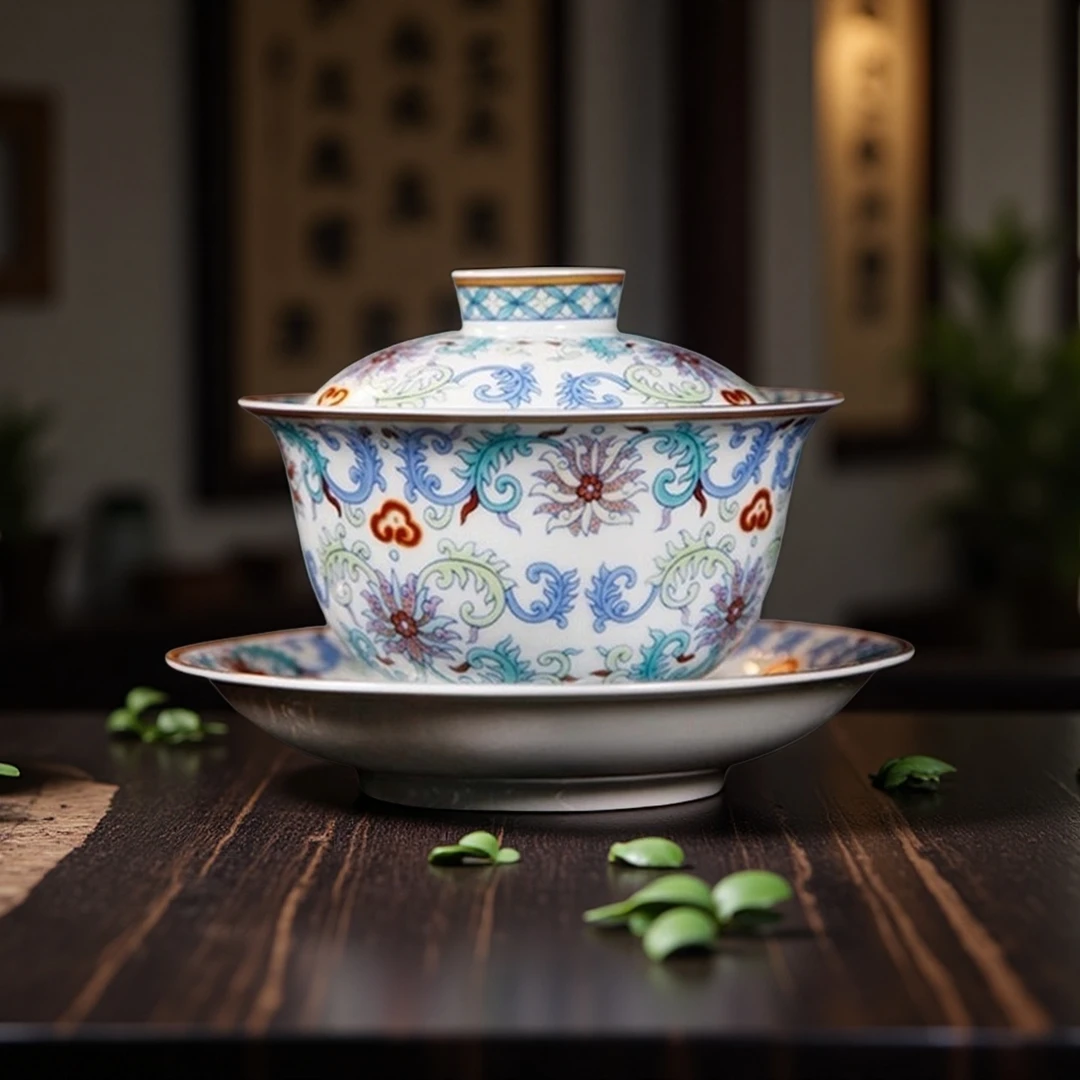 正宗景德镇三才盖碗斗彩描金缠枝莲泡茶碗防烫手高档茶具个人专用