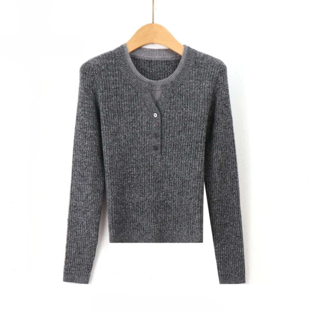 半开领长袖灰色打底针织衫女秋冬修身显瘦套头上衣