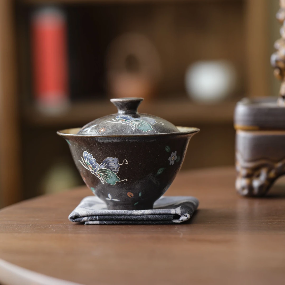 亘古盖碗暗夜蝶舞志野烧蝴蝶手绘茶具陶瓷碗杯防烫品茗泡茶高颜值
