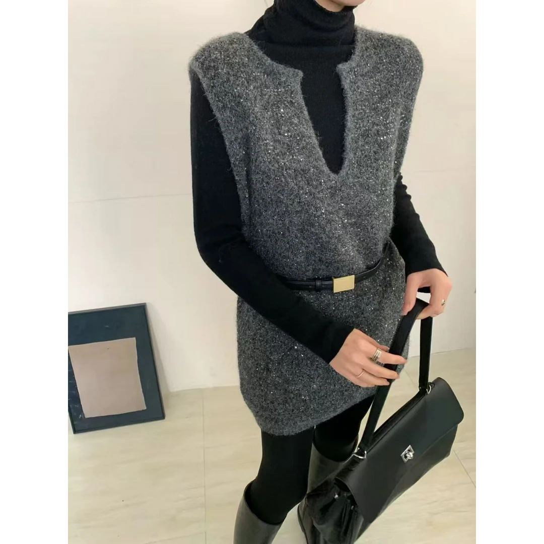 【蜜爷家】亮片毛衣马甲+T恤套装2529#