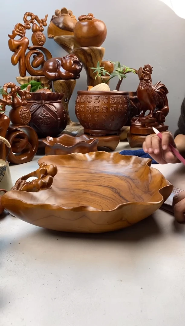 香樟木A42微瑕银杏叶果盆/尺寸38*25*8