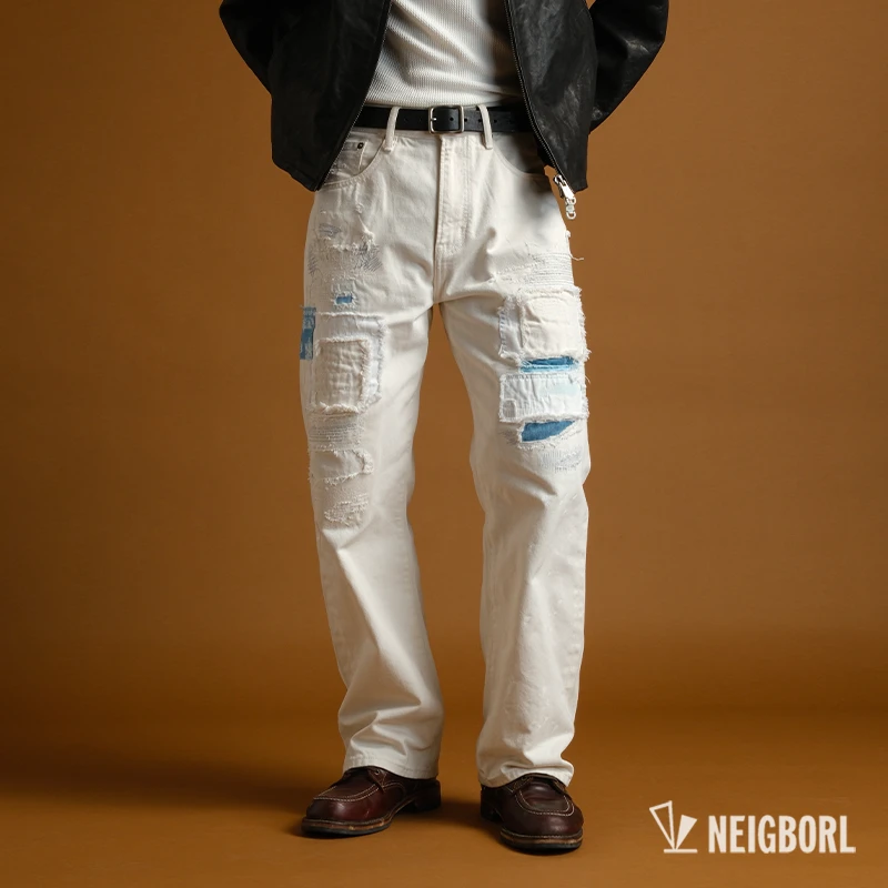 【白龙王】NEIGBORL钊叔制美式做旧刮破贴布裤子泼墨直筒百搭牛仔裤