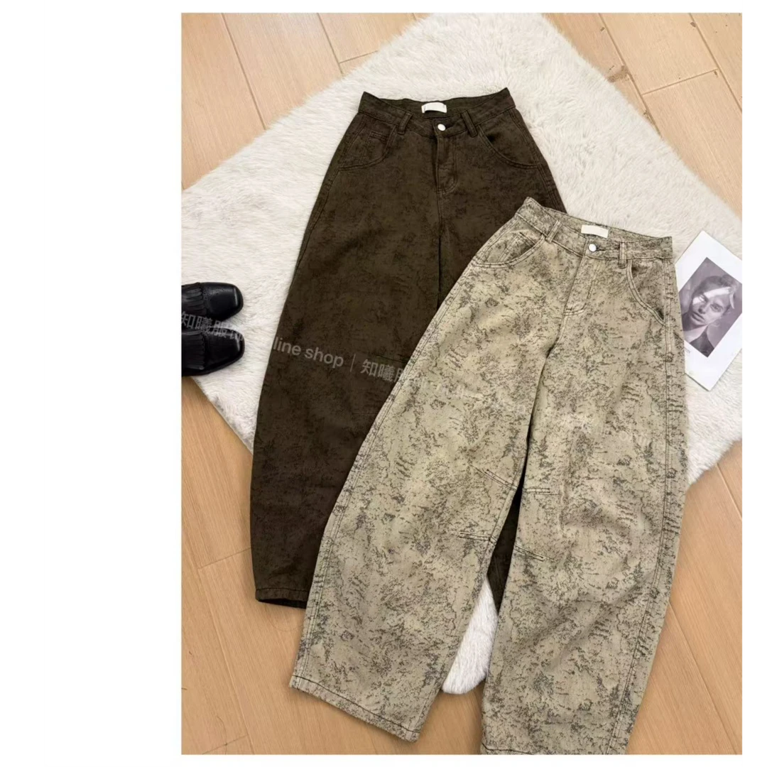 【复古提花】春季新款设计感不加绒美式复古提花弯刀阔腿牛仔裤2023