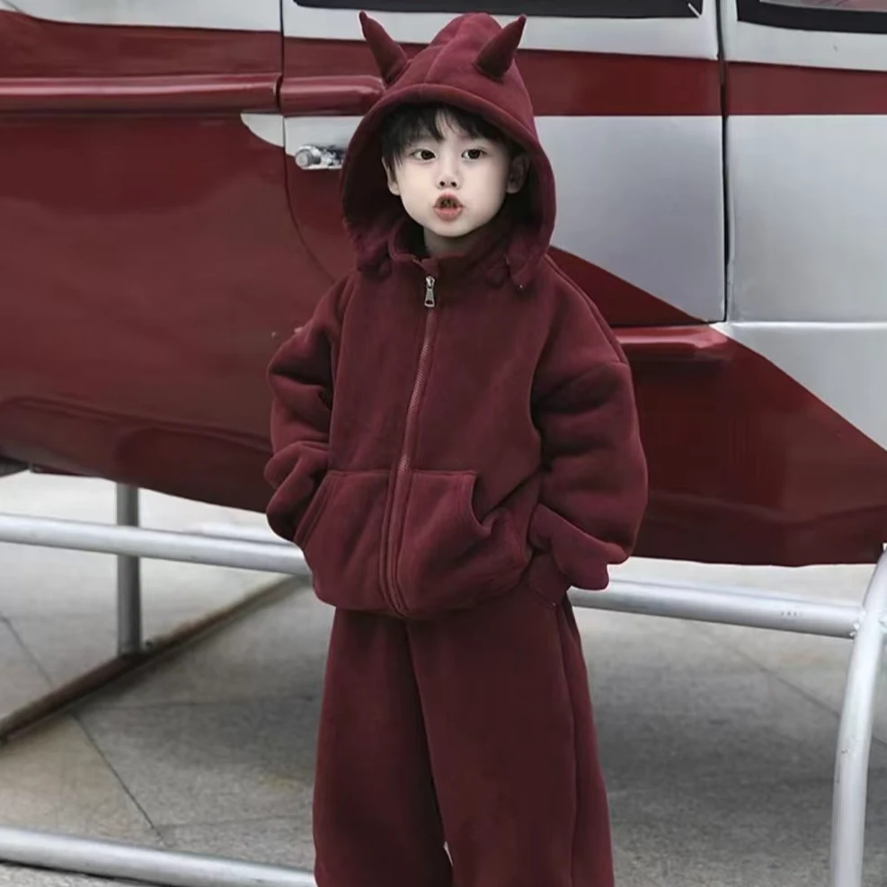 儿童2024冬季新款套装连帽保暖冬季加绒加厚男女童两件套休闲套装