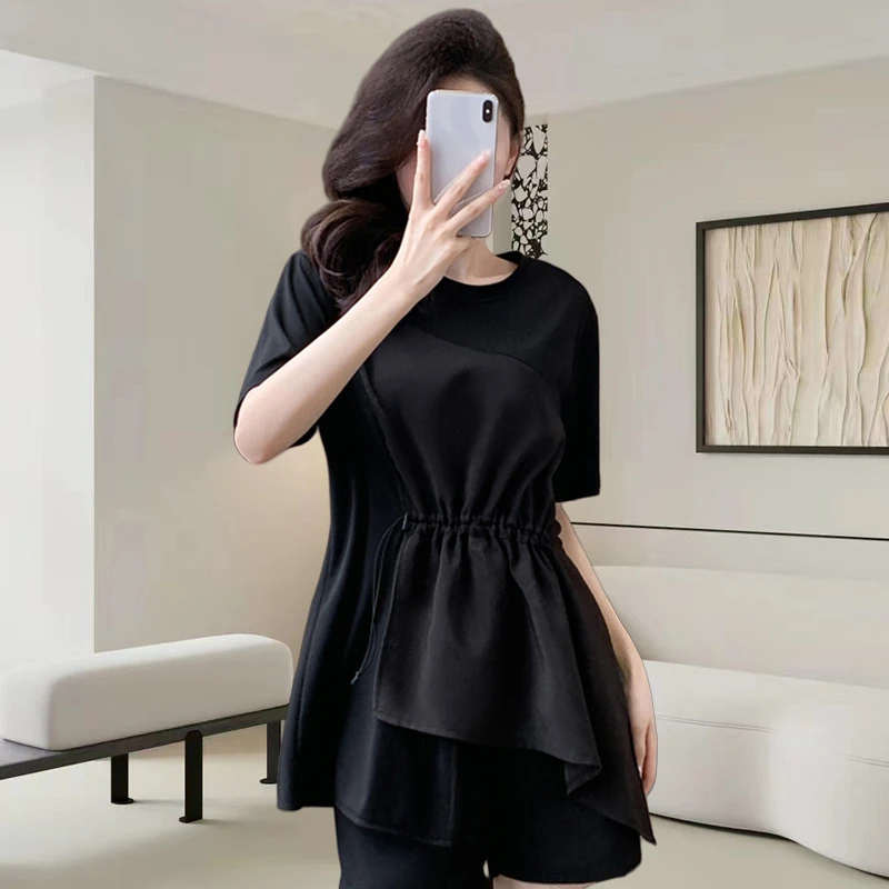 黑色圆领短袖t恤女是2025夏季时尚大码宽松遮肚子显瘦不规则上衣