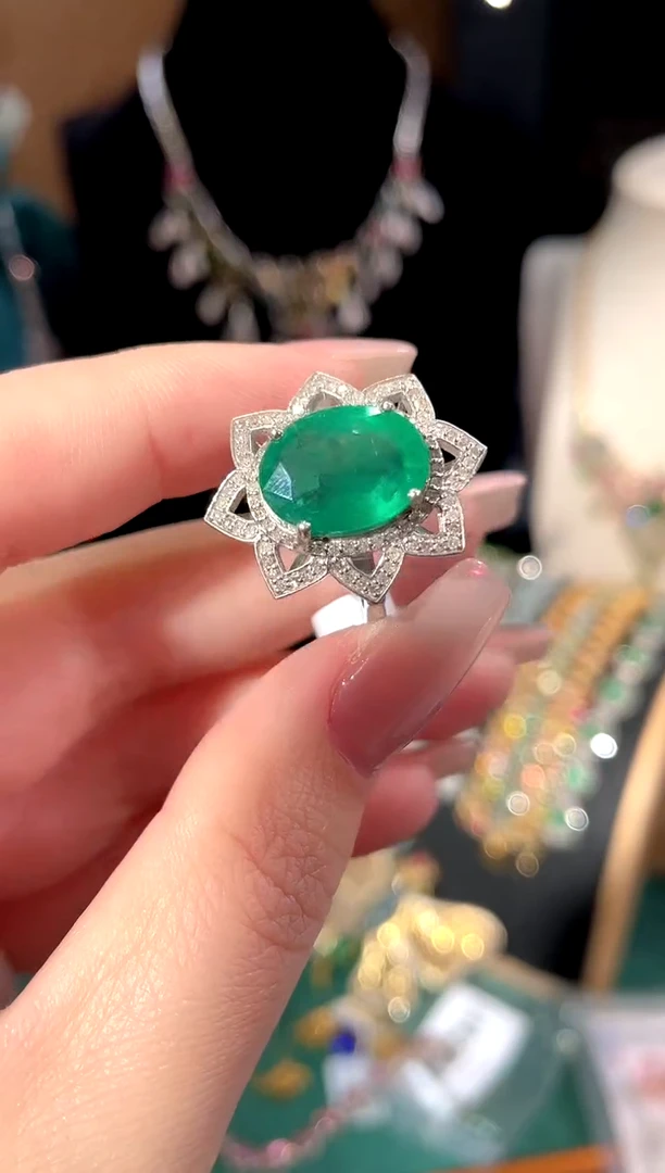 祖母绿戒指银S925镶嵌戒指