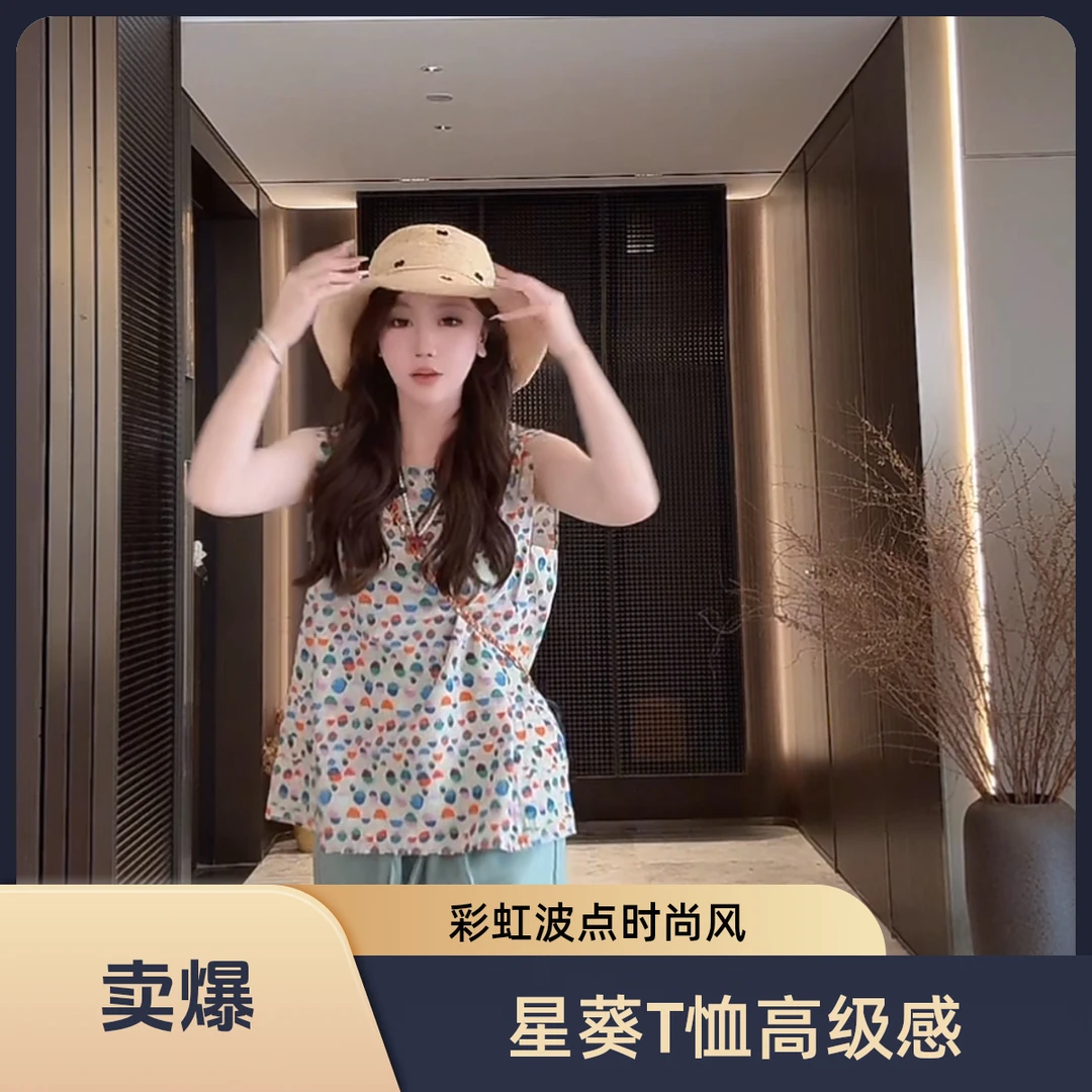 柏雪”星葵”2025夏季新款高级感彩虹波点老钱风松弛感女装T恤