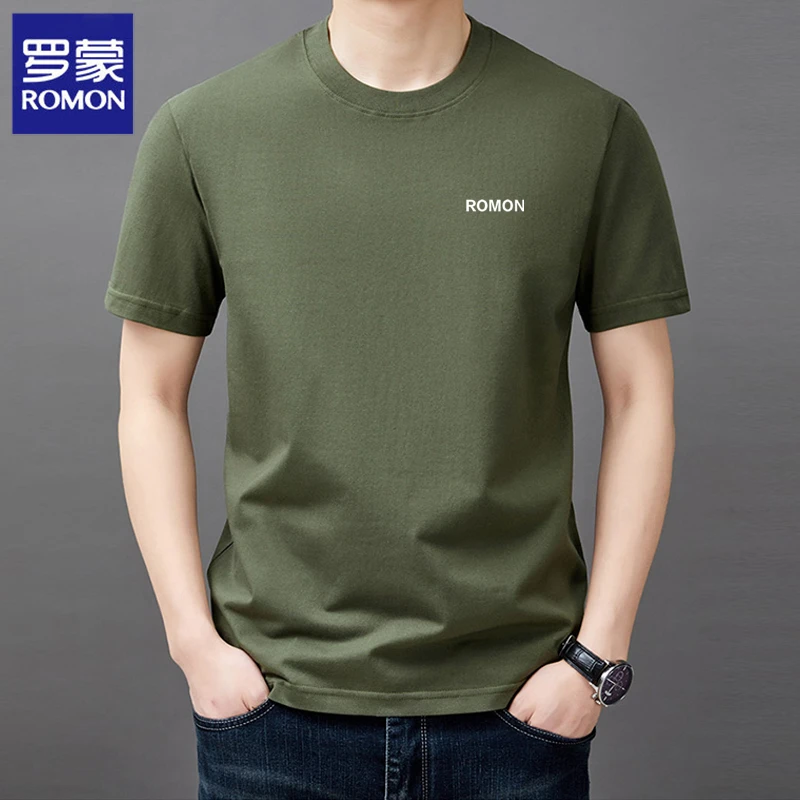 Romon/罗蒙圆领短袖t恤夏季纯棉半袖潮流上衣休闲轻奢痞帅男装