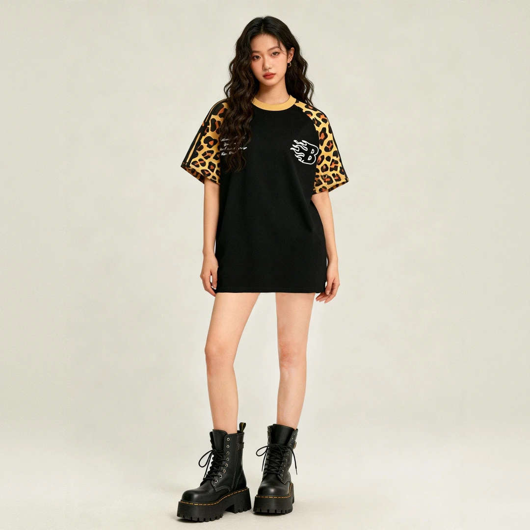 欧美街头潮流宽松复古个性豹纹印花插肩袖短t日系中性风短袖T恤夏