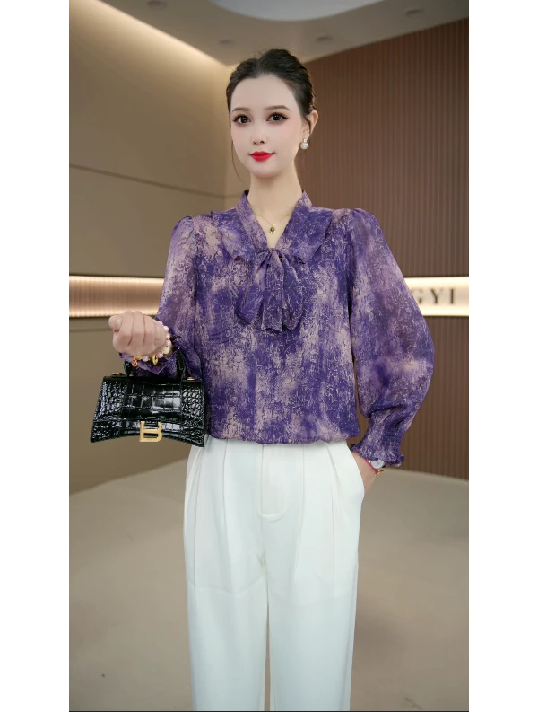 紫气东来气质长袖法式衬衫2025新款优雅飘带小衫时尚显瘦上衣