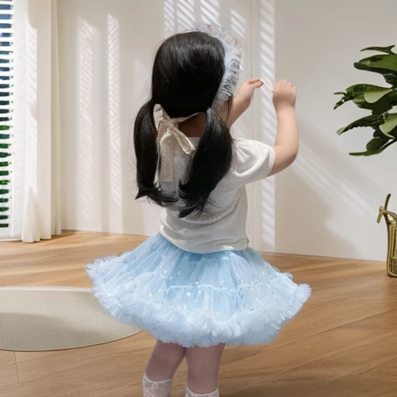 浅蓝星星tutu女童半身裙春夏舞蹈洋气芭蕾舞网纱蓬蓬裙女童