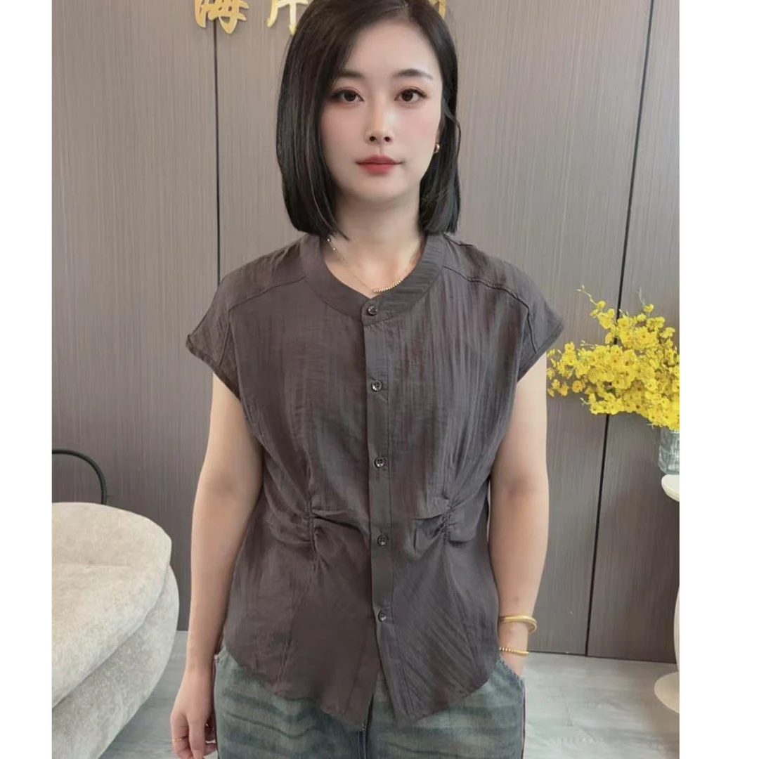 【海片】1227女士休闲时尚夏款纯色衬衫打底衫显瘦百搭圆领衬衣