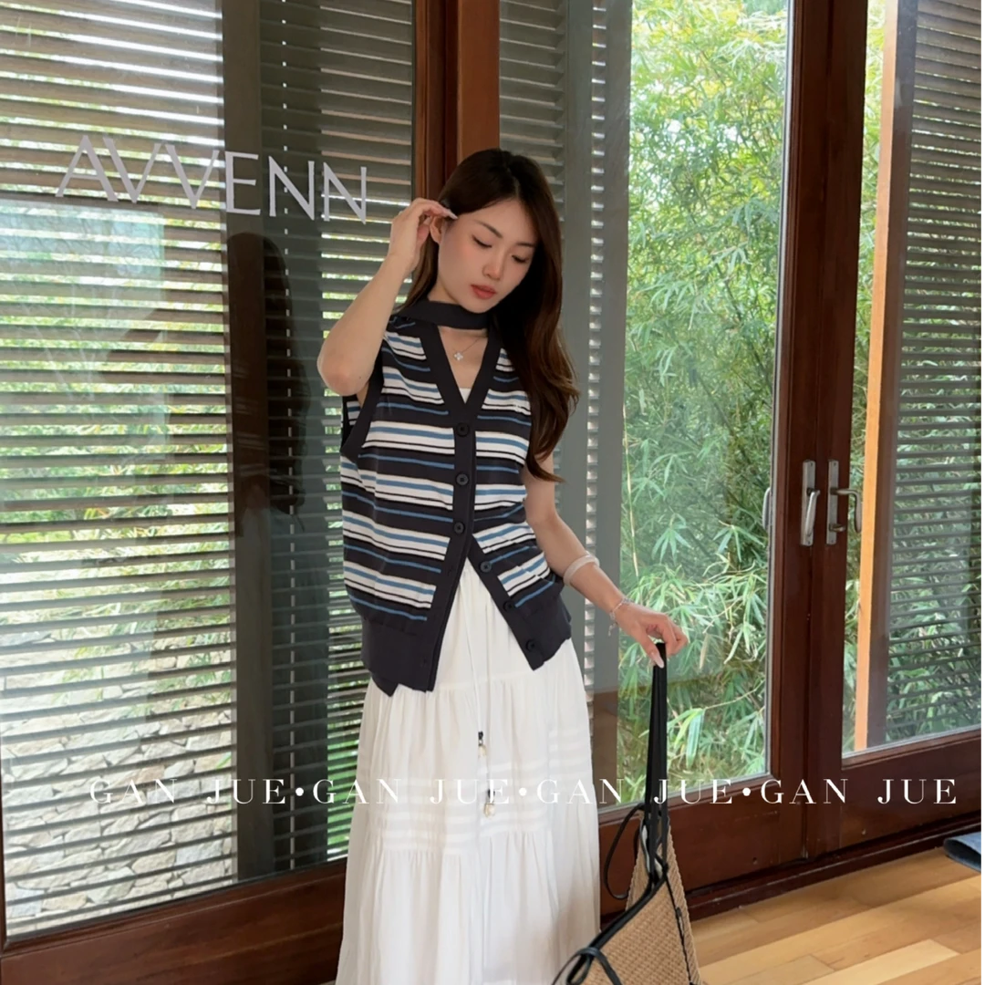 AVVENN设计师品牌25夏 蓝白条纹无袖马甲背心T恤 ganjue买手店