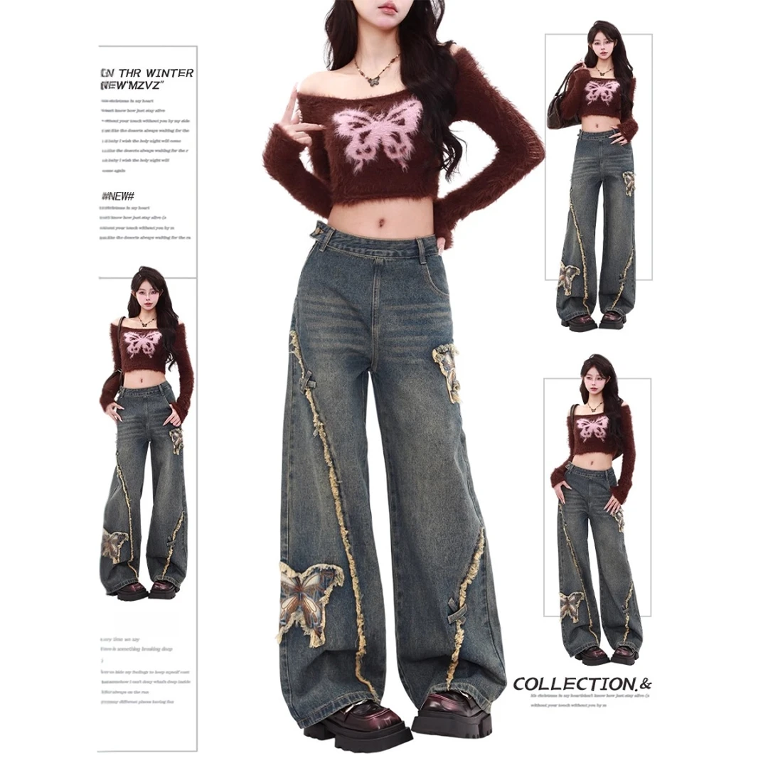 美式复古侧边拉链毛边直筒牛仔裤女春秋冬新款蝴蝶设计贴拖地裤子