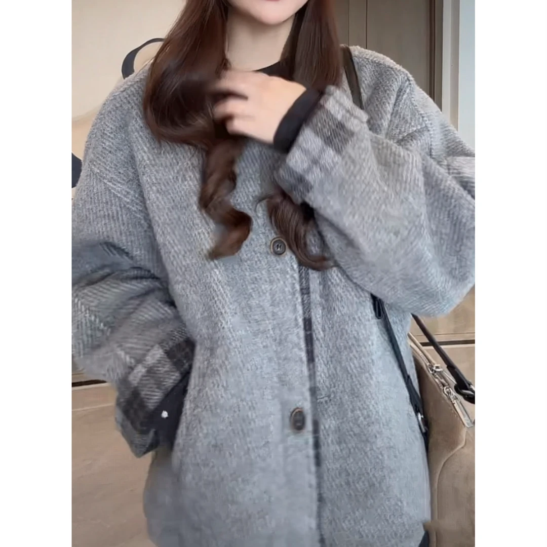 夹棉保暖拼接格子棉服2025冬季新款气质慵懒风宽松单排扣圆领外套