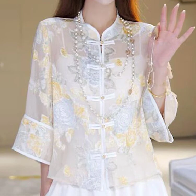 国色天香春夏绣花新中式防晒外套纱面立领中国风七分袖女上衣