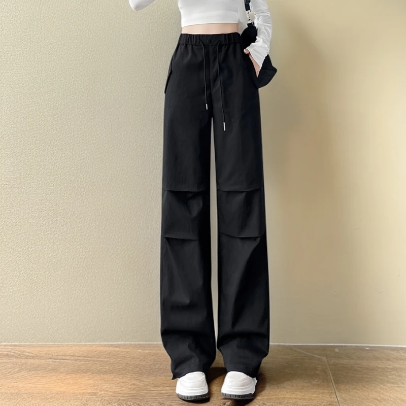 黑色加长工装裤女2025秋季新款伞兵休闲窄版直筒高个子束脚运动裤