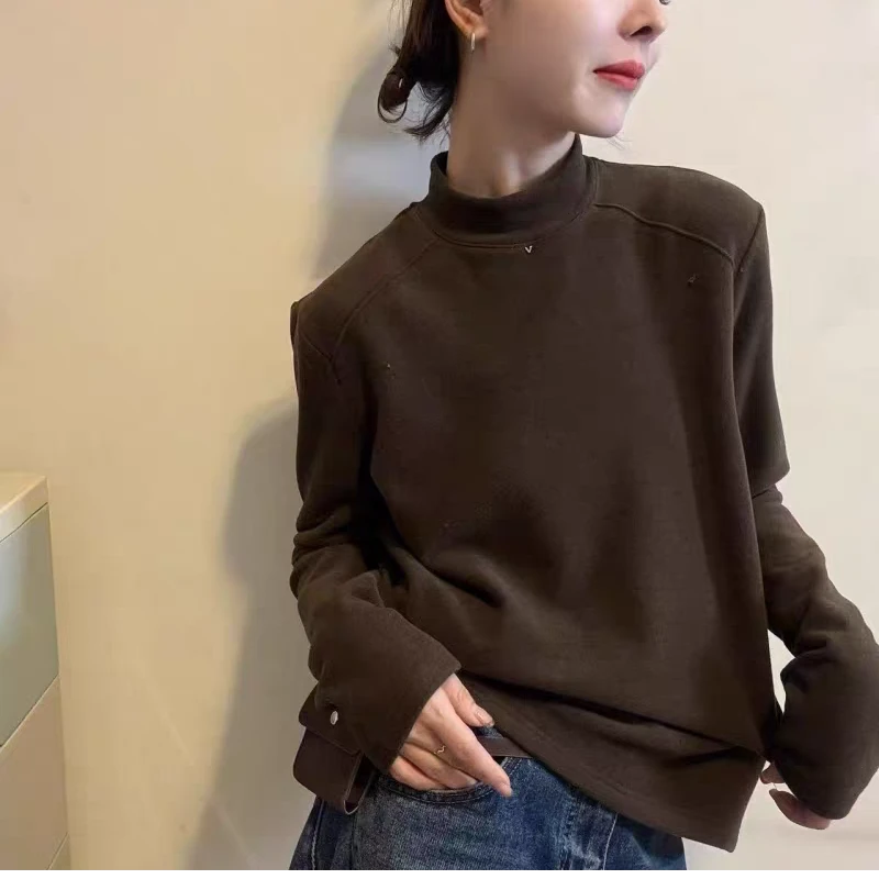 【静姐家】9586韩国羊绒+加绒中领百搭宽松女打底长袖T恤