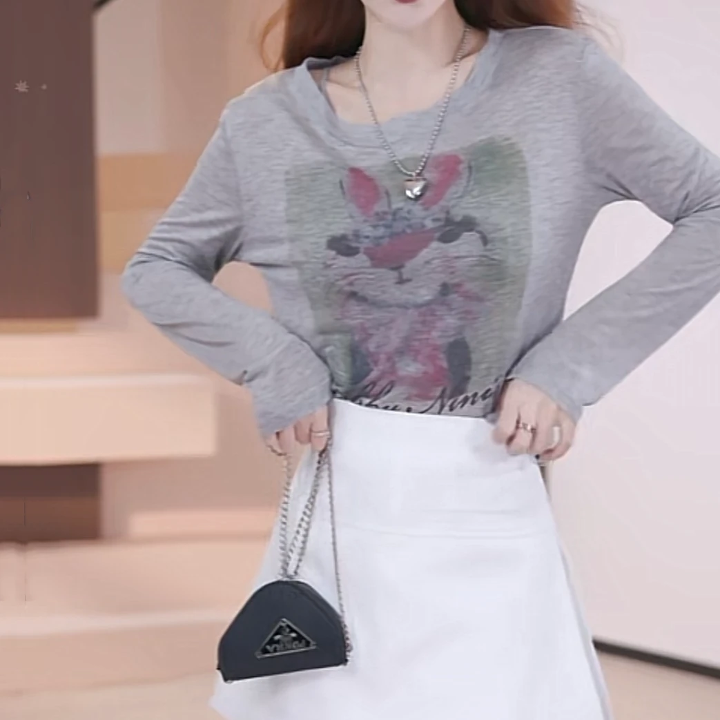 时髦设计感卡通复古兔子长袖T恤女2025春夏新款时尚百搭防晒上衣