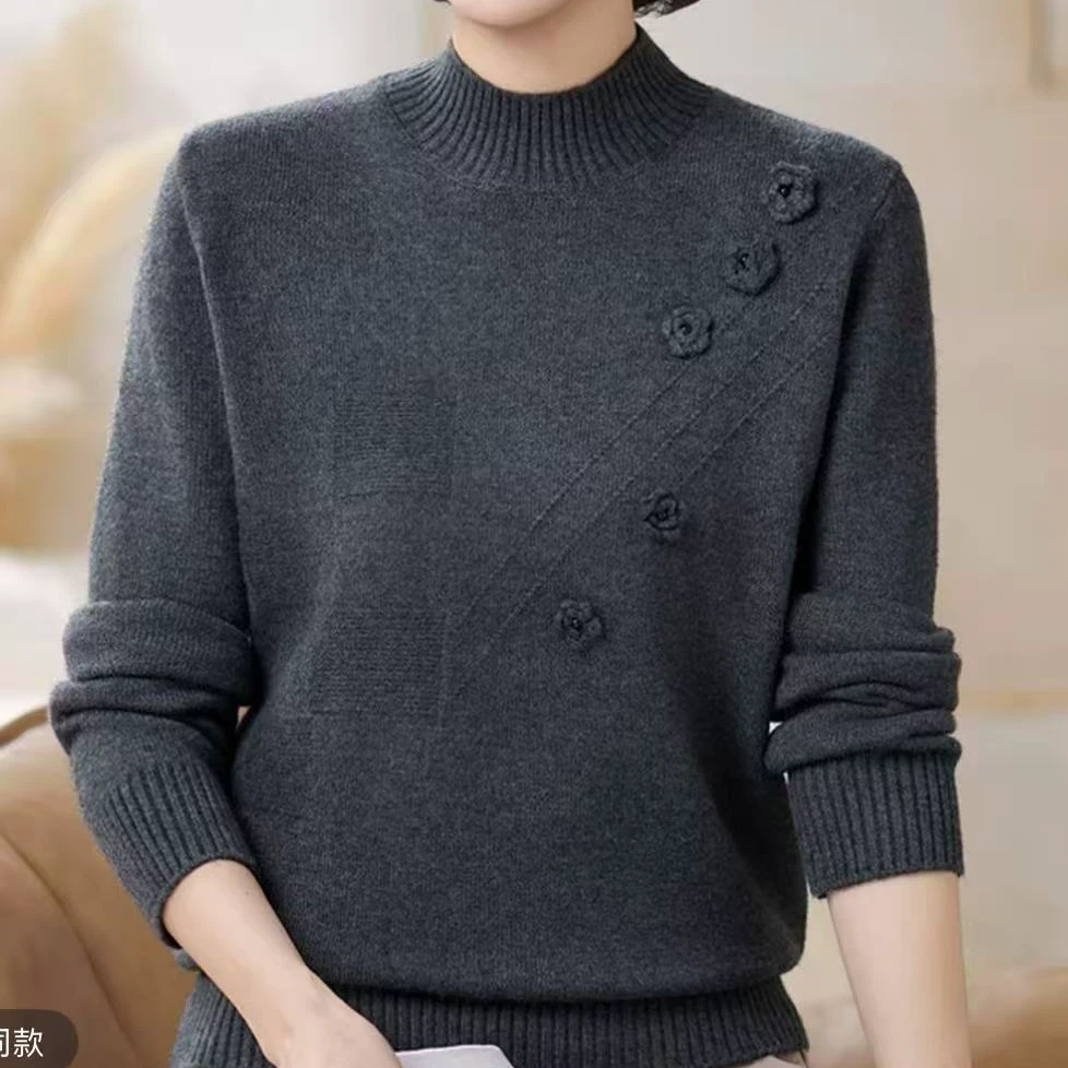 妈妈款半高领烫钻中老年女装毛衣打底衫宽松网红
