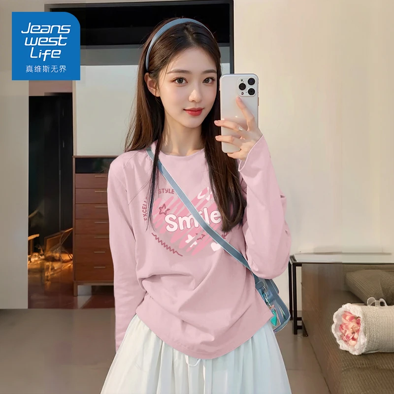 真维斯无界春秋长袖T恤纯棉重磅打底时尚甜美可爱风印花ins韩版女