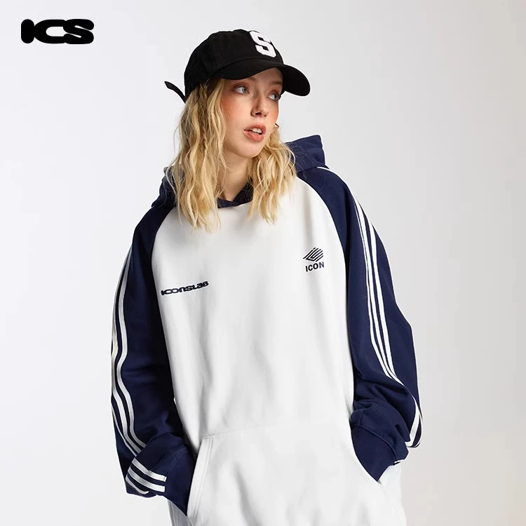 iconslab胶印撞色织带插肩袖连帽卫衣藏青色套头休闲帽衫长袖运动