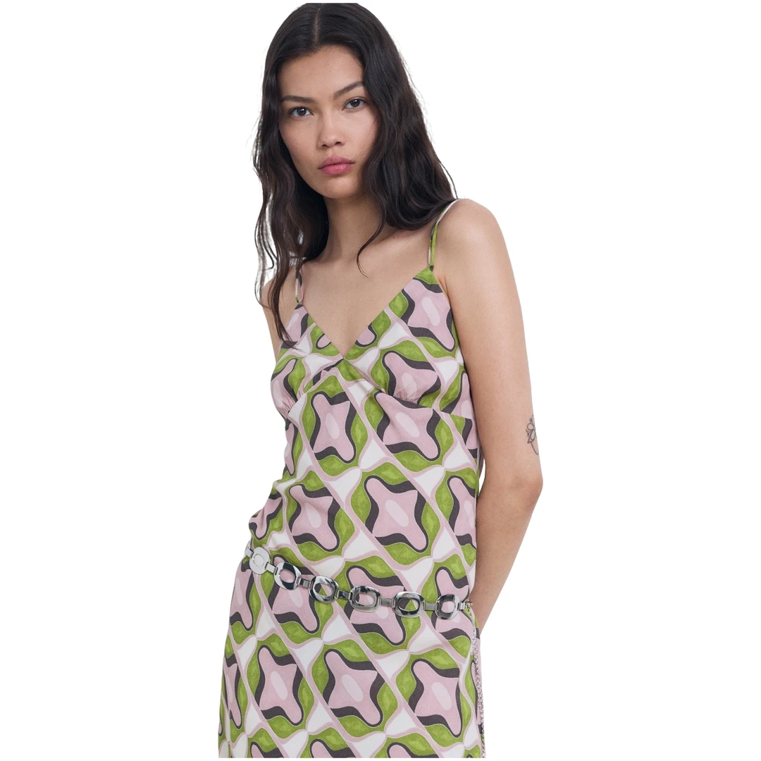 MANGO高腰显瘦吊带四季通用修身V领碎花连衣裙裙子设计师夏季时尚