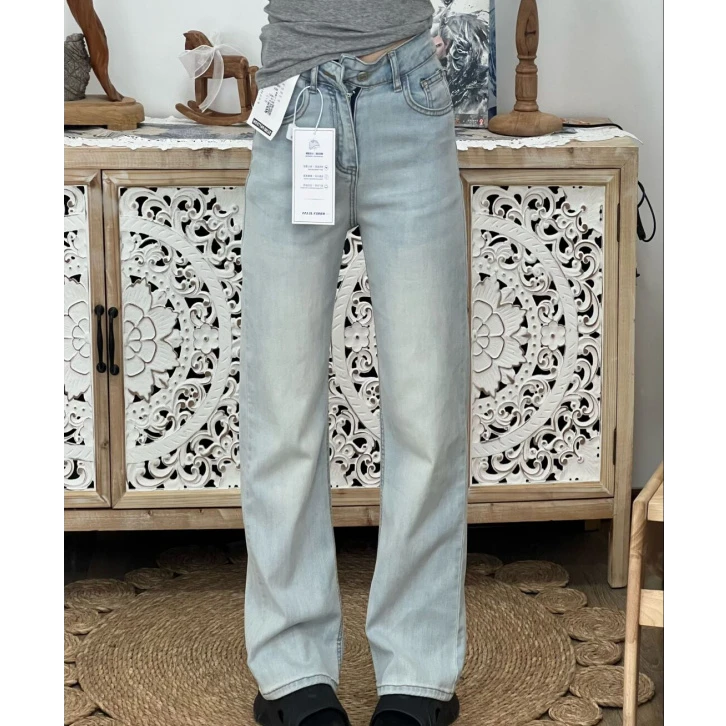 怀旧色窄版阔腿牛仔裤女2025夏季高腰小个子宽松垂感直筒拖地裤