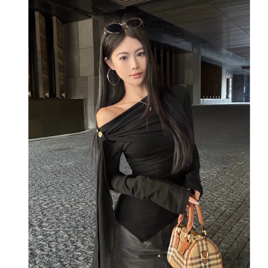 性感斜肩辣妹外穿上衣设计感洋气休闲百搭长袖宽松长裤外穿套装女