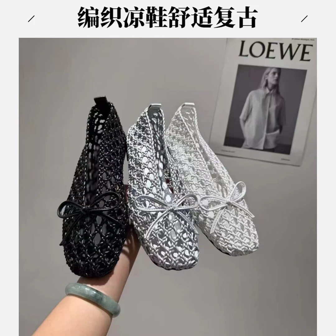 2025新款夏季时尚休闲风女编织洞洞时装凉鞋平跟纺织帮面镂空网面