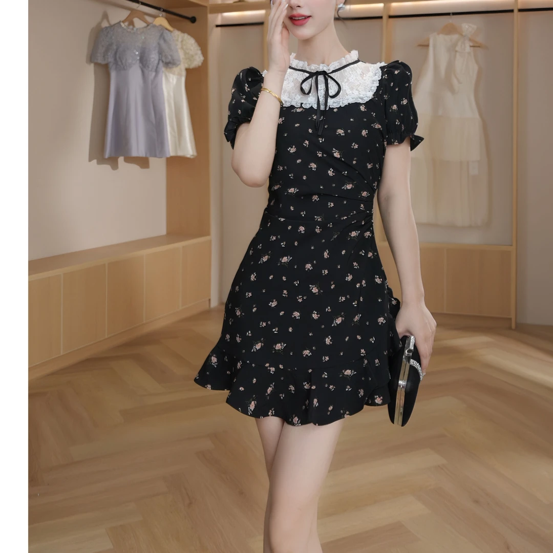 2025 夏季新品法式小众小清新减龄碎花收腰显瘦黑色连衣裙65656