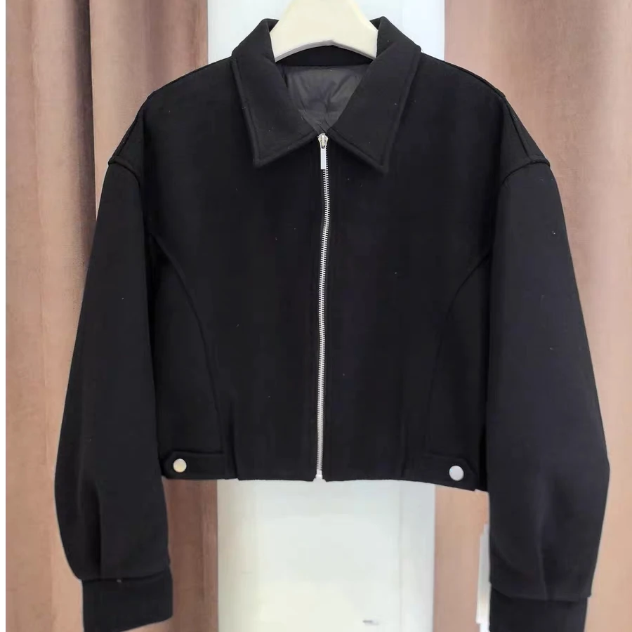 8082#y毛呢短款腰扣设计保暖外套秋冬韩系翻领宽松复古时尚