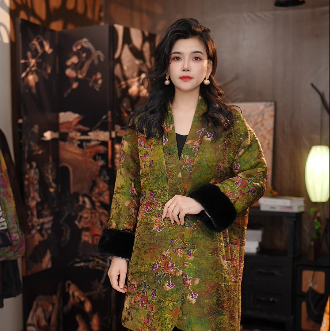 冬季新款国风中式绿色显白遮肉中长款女士外搭加厚冬季保暖1317