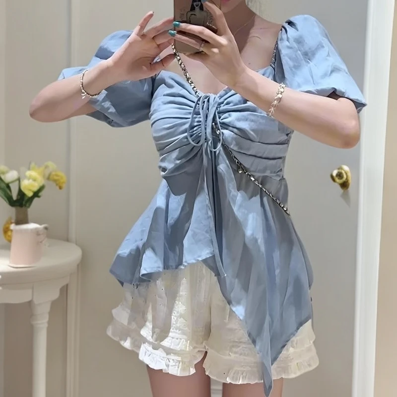 大码法式泡泡袖衬衫女夏季新款短袖收腰衬衣胖mm遮肉显瘦别致上衣