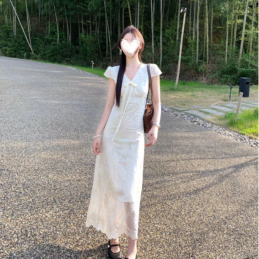 2563【雾里看花】法式设计感优雅雪纺连衣裙褶皱V领长裙夏季新款