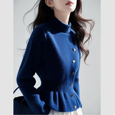 超好看蓝色高领厚女款2024新款冬季慵懒高级感小香风针织上衣