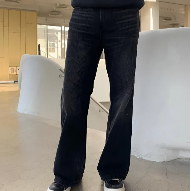 富贵春夏美式黑灰牛竹节纹重度洗水百搭宽松直筒牛仔长裤黑色