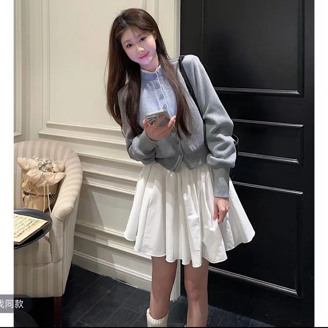 大码胖MM甜美时尚减龄开衫上衣+短裙套装显瘦小个子长袖高腰百搭