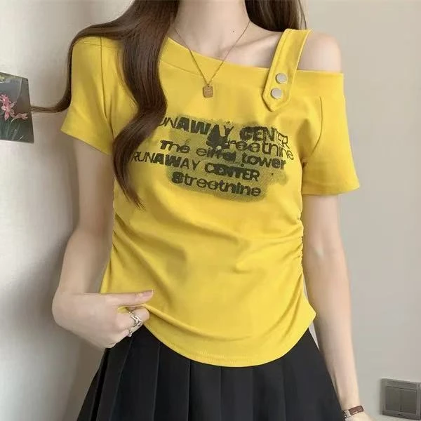 2903番外夏季新款多巴胺美式炸街斜肩露肩不规则掐腰短袖T恤女