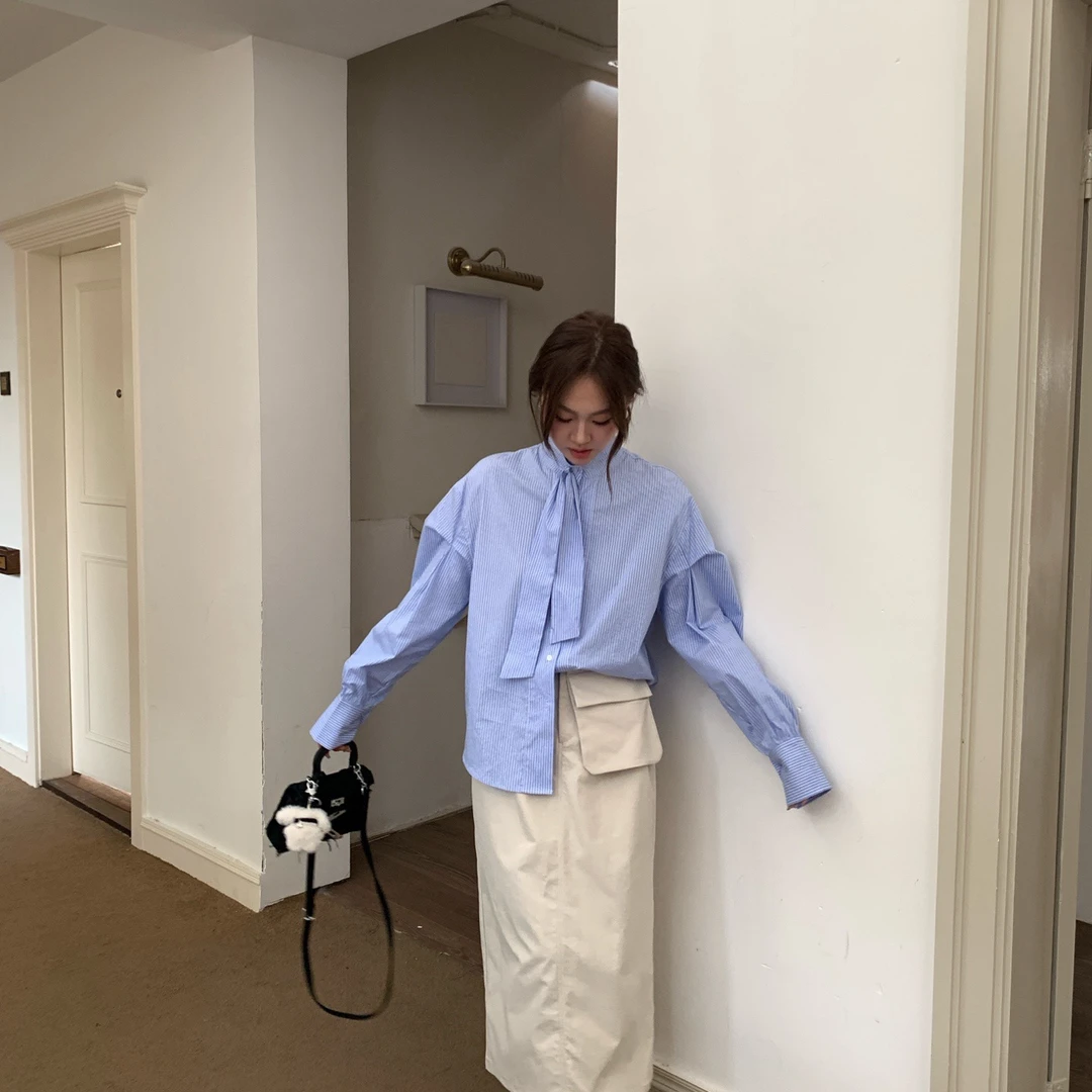 春夏新款减龄设计感小众法式上衣立领系带气质长袖衬衫