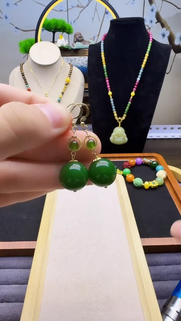 和田玉14K金镶嵌耳饰E28