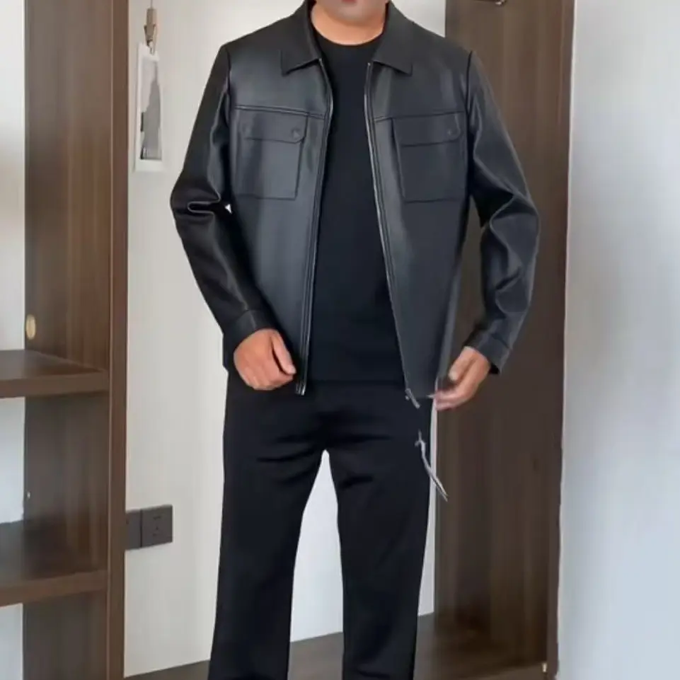 房房-1920 直下摆短款保暖翻领防风男士皮衣春季秋季黑色商务