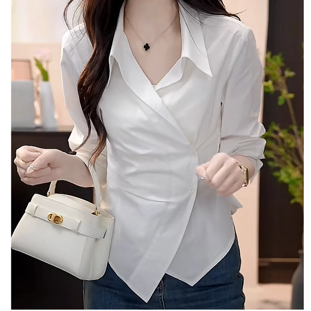 法式设计感不规则小众衬衫女2025春季新款打底时尚白色长袖衬衣