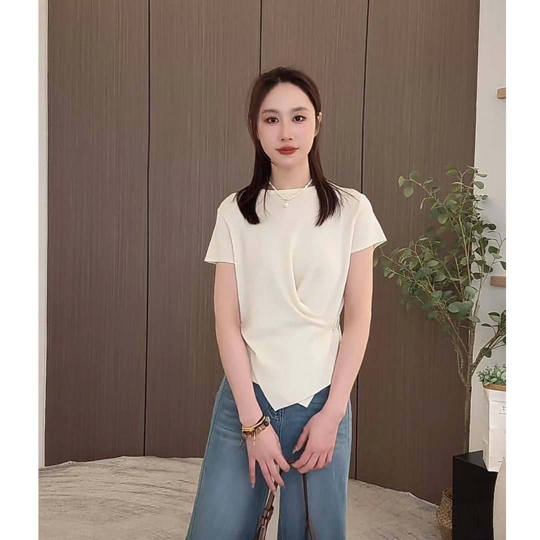 【初奢自制】法式交叉设计感天丝一字领不规则系扣纯色夏季上衣针织