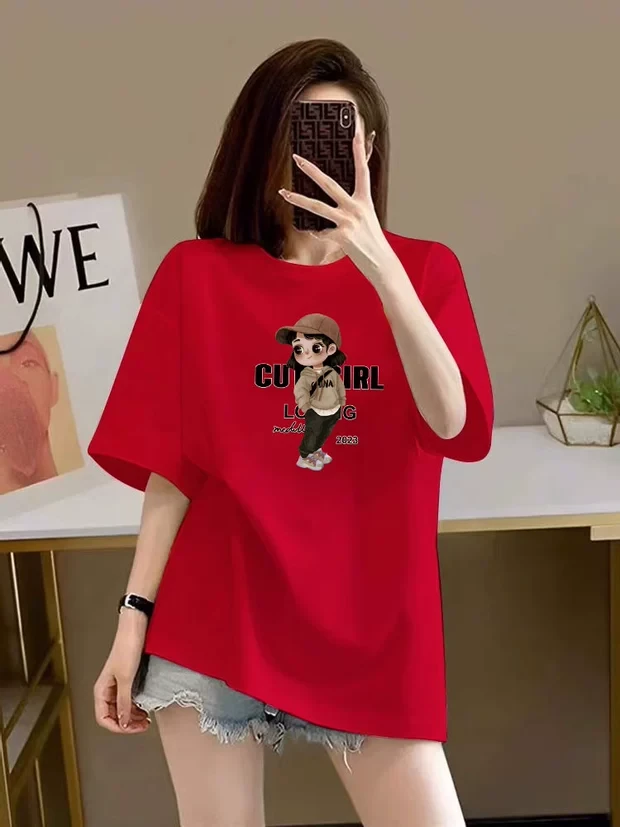 100%纯棉圆领宽松短袖T恤夏季时尚百搭基础大众印花半袖上衣ins潮