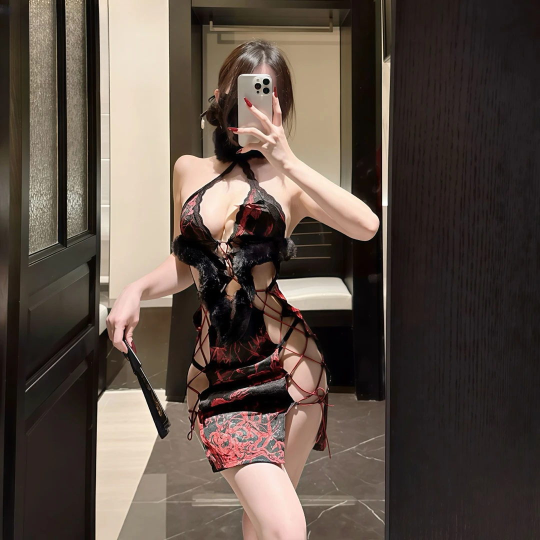 薄款短旗袍无袖V领高开衩旗袍紧身国风修身纯欲风显瘦性感