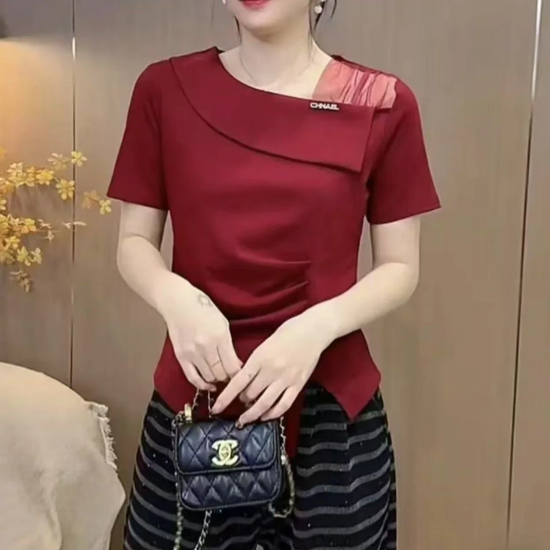 2025新品法式不规则领洋气时尚百搭轻奢气质t恤显瘦女士短袖8935#