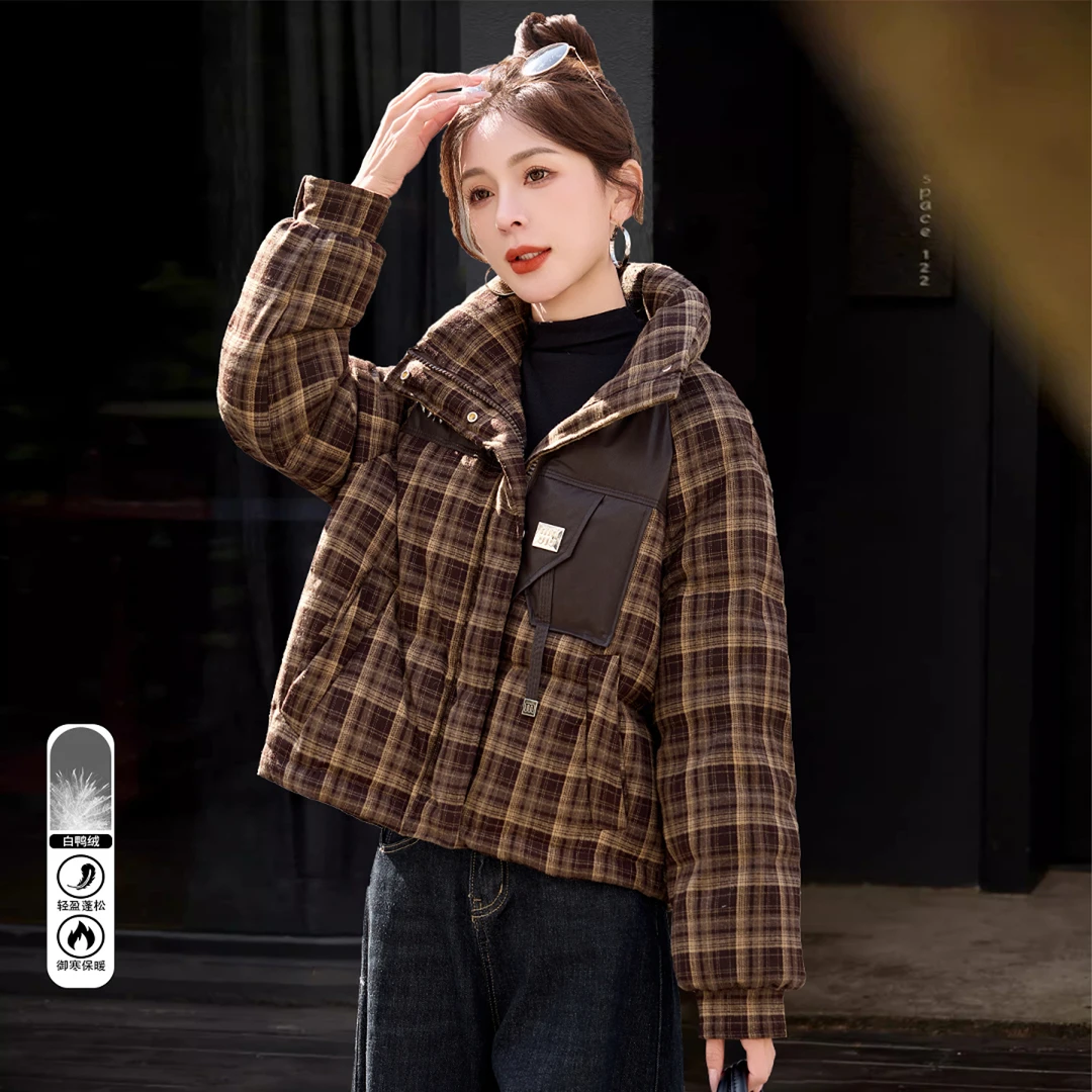 格子立领羽绒服女短款冬季2025新款洋气减龄白鸭绒加厚休闲厚外套